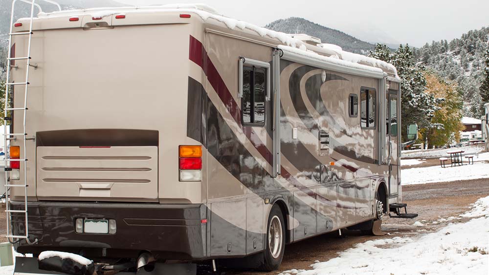 Class A motorhome parked after receiving winter rv inspection services 